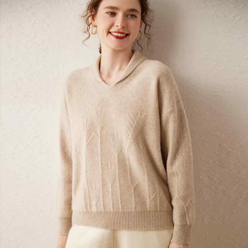 編み物 レディース 秋冬 カシミール Vのど首 ゆったり 落っこちる肩部 長袖 ティーシャツ スウェーター ジャガード柄 通い 執務室 好いたらしいめ 心地よい 雅びやか 御前上等感 手当たり