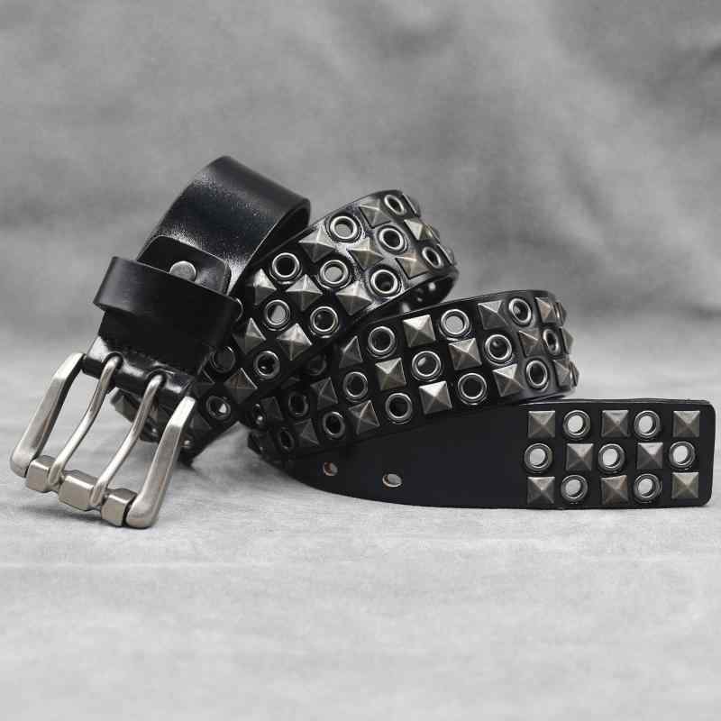 ベルト メンズ レディース 本革 牛革 パンク ロック系ファッション ゴシック オリジナルデザイン ハトメ 穴あき スタッズ ダブルピンバックル 黒