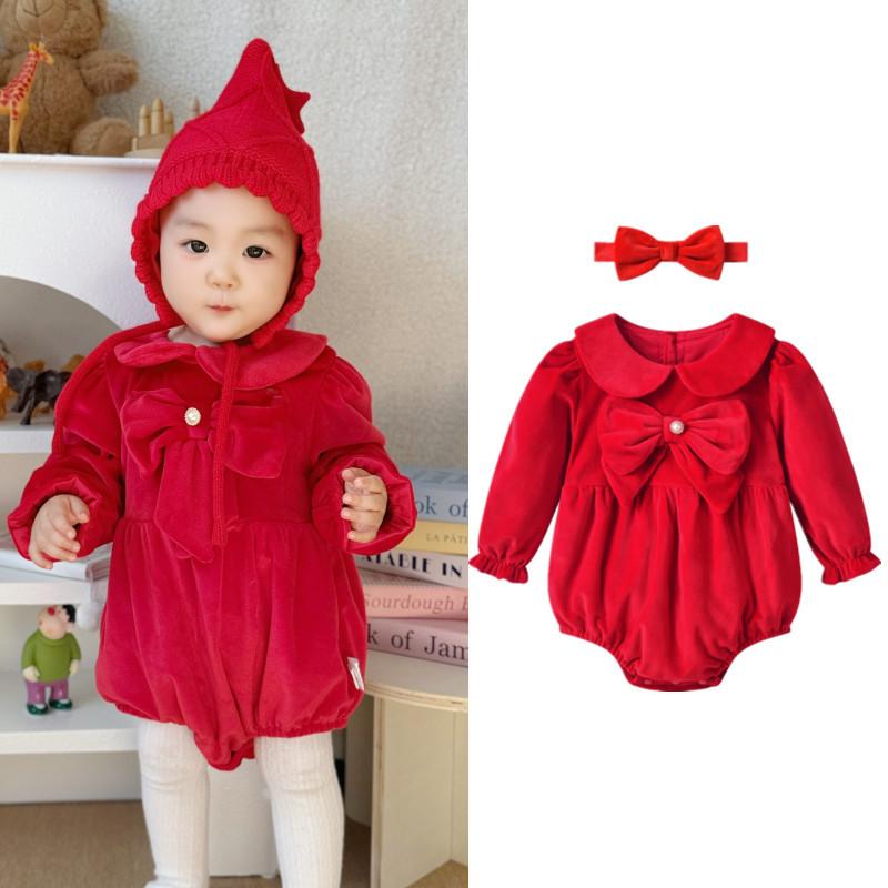 ロンパース ベビー 女の子用 春秋冬 レッド リボン ベロアポリエステル 三角 カバーオール 長袖 かわいい プリンセス風 お祝い 記念日 お宮参り フォーマル