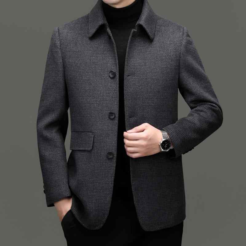 コート メンズ 男性用 高級感 ダブルフェイス カシミヤ ウール 厚手 保温 アウター テーラードカラー シングルボタン 秋冬 カジュアル ビジネス 中高年 ダークグレー チェック柄｜花りぼん