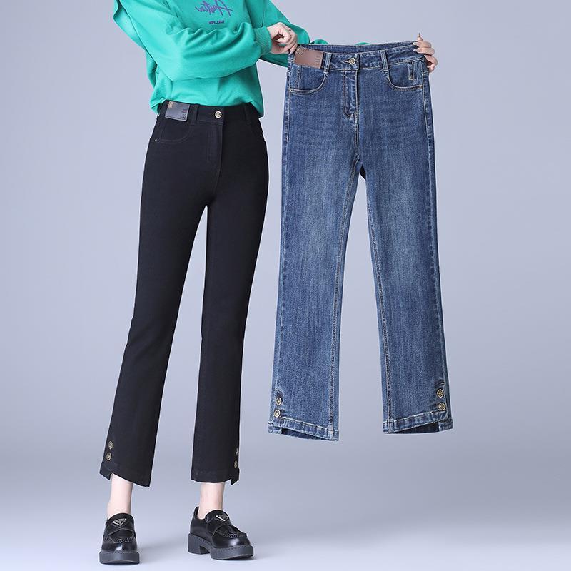 デニムパンツ レディース スリムストレート ハイウエスト ブーツカット クロップド丈 細見え スタイルアップ 低身長 韓国ファッション カジュアル コットン 伸縮性 ブルー ブラック 春夏｜花りぼん