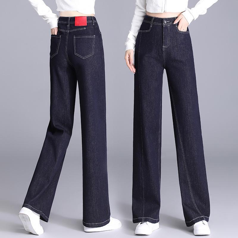 デニムパンツ ジーンズ レディース 女性用 ダークブルー 濃紺 ハイウエスト ストレート ワイド 体型カバー 着痩せ 細見え シンプル おしゃれ カジュアル ロング丈 長ズボン 綿混 秋冬 ベーシック 微ストレッチ オフィス 通勤 普段使い イージーケア|花りぼん