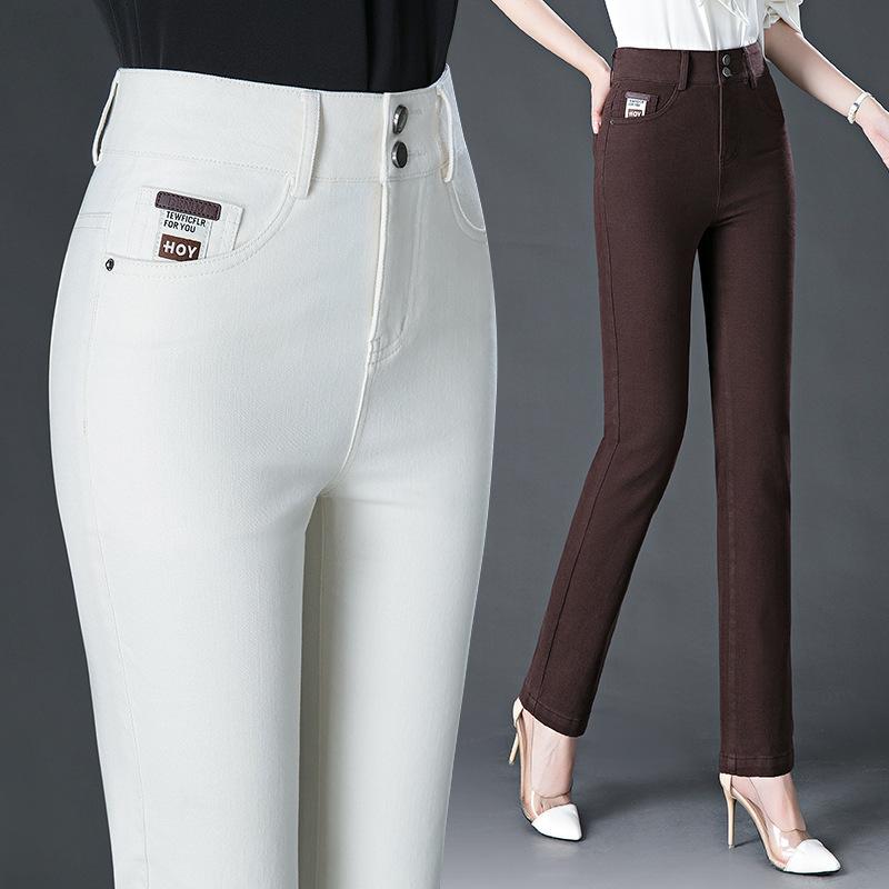 デニムパンツ レディース 秋冬 高級感 上品 きれいめ スリムフィット 細見え 着痩せ 脚長効果 美脚 ハイウエスト ストレート 着回し抜群 微ストレッチ カフェオレ ブラウン オフホワイト ブラック|花りぼん