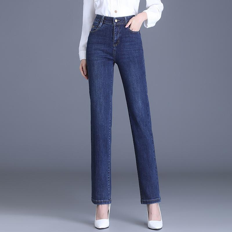 デニムパンツ レディース ハイウエスト スリムストレート 細身 綿 高級感 ノーアイロン 防シワ イージーケア スリムフィット 細見え 体型カバー ロング丈 ジーンズ ジーパン 秋冬 カジュアル オフィス｜花りぼん