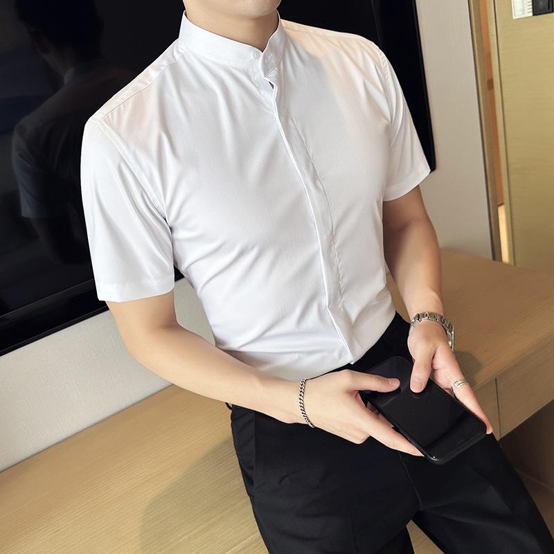 シャツ メンズ スタンドカラー 半袖 スタイリッシュ カジュアル トップス 男性用 立ち襟 バンドカラー ショートスリーブ 大人カジュアル 普段使い お出かけ 比翼仕立て スリムフィット 細身 ポリエステル混紡 薄手 上質 無地 黒 白 青 春夏