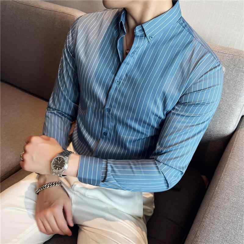 シャツ メンズ 男性用 長袖 ストライプ柄 襟付き スリムフィット ビジネスカジュアル 通勤 オフィス トップス 秋冬 伸縮性 上質 きれいめ レーヨン混 混紡素材