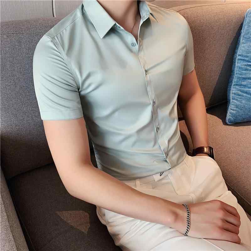 シャツ 男性用 春夏 接触冷感素材 半袖 薄手 スリムフィット 形態安定 ビジネス 無地 カジュアル トップス ワイシャツ 通勤 オフィス 普段使い 吸湿速乾 軽量