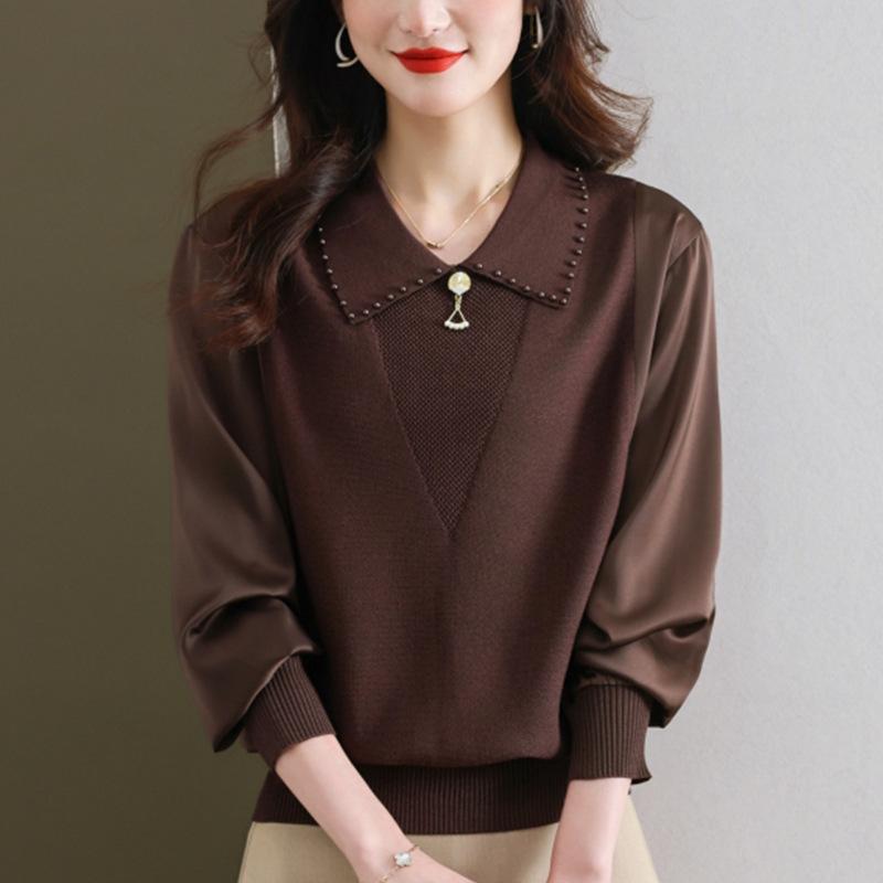 ニット レディース 女性用 襟付き 長袖 プルオーバー セーター トップス ゆったり カジュアル 上品 春夏 ママファッション ポリエステル アクリル混