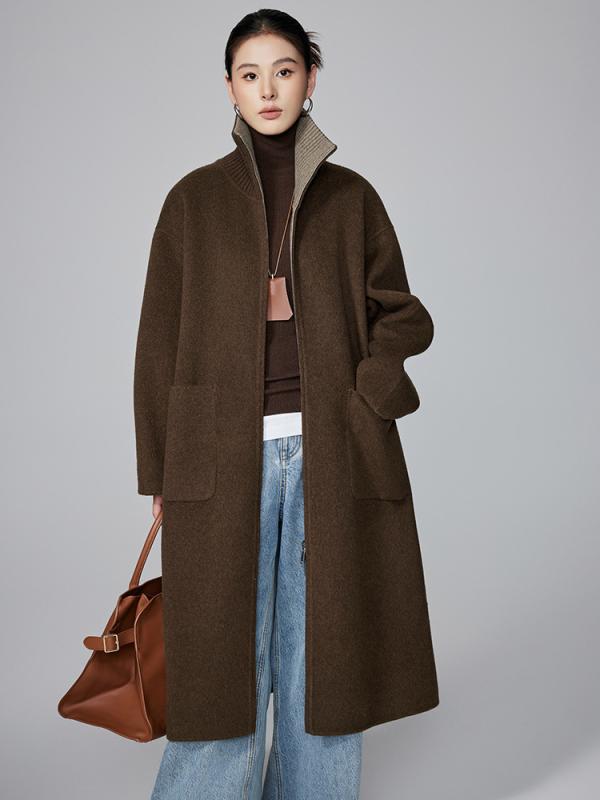 コート レディース ニット切り替え ダブルフェイス カシミヤ ウール 厚手 あたたかい スタンドカラー 超ロング丈 ゆったり ファスナー 秋冬 シンプル カジュアル グレー ブラウン