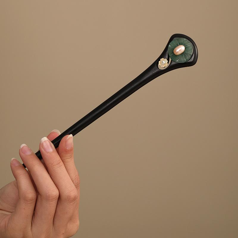 かんざし 女性用 黒檀 木製 蓮の花 パール 和風 レトロ アンティーク風 エスニック まとめ髪 アップヘア 普段使い 髪飾り 着物 浴衣 チャイナドレス 結婚式 成人式 パーティー 上品 エレガント