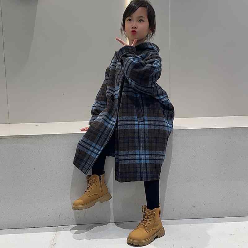 アウター キッズ 女の子 ジュニア チェック柄 ウール調 ポリエステル ミドル丈 厚手 暖かい フード付き ダブルボタン ゆったり 韓国ファッション おしゃれ 秋冬 冬物
