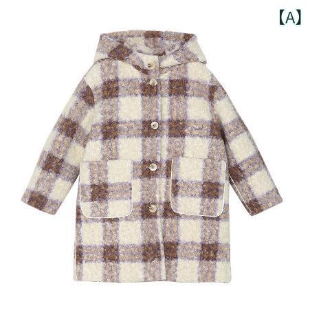 コート 女の子 ジュニア フード付き 厚手 暖か 防寒対策 長袖 シングルボタン チェック柄 ミドル丈 普段使い 通学 メルトン風 ポリエステル素材 冬アウター 秋冬