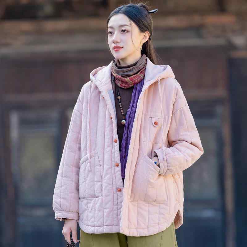 中綿ジャケット レディース 秋冬 ラミー混 麻混 キルティング 縦格子 フード付き ゆったり ルーズフィット カジュアル 保温 暖かい 防寒 アウター｜花りぼん 7,679円