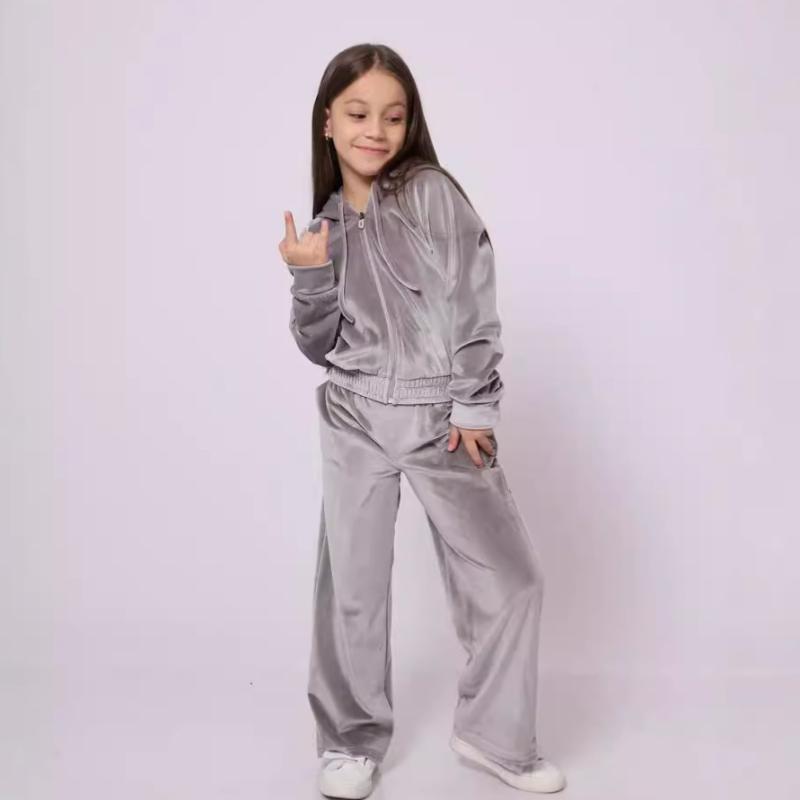 セットアップ ガールズ キッズ 女の子 秋冬 欧米風 カジュアル ベロア ベルベット パーカー スウェット 上下セット 長ズボン パンツ 2点セット ルームウェア スポーツウェア グレー ピンク ブラック ダークパープル ロイヤルブルー