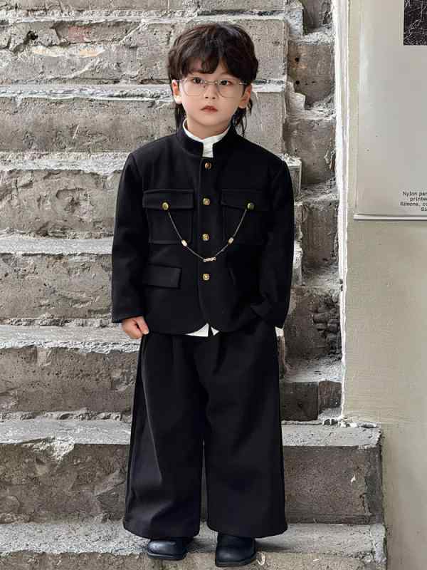 セットアップ 男の子 キッズ 中綿入り 新中華風 チャイナジャケット スタンドカラー シングルボタン 長袖 ミドル丈 柔らかな肌触り ポリエステル 無地 春秋 フォーマル カジュアル