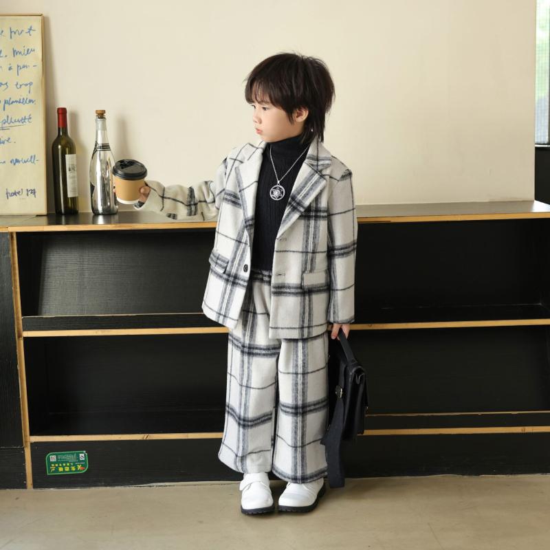 スーツ 男の子 キッズ 秋冬 韓国風 フォーマル 礼服 メルトン ウール ジャケット パンツ セットアップ 黒白格子柄 発表会 結婚式 フラワーボーイ 舞台衣装 やんちゃ クール