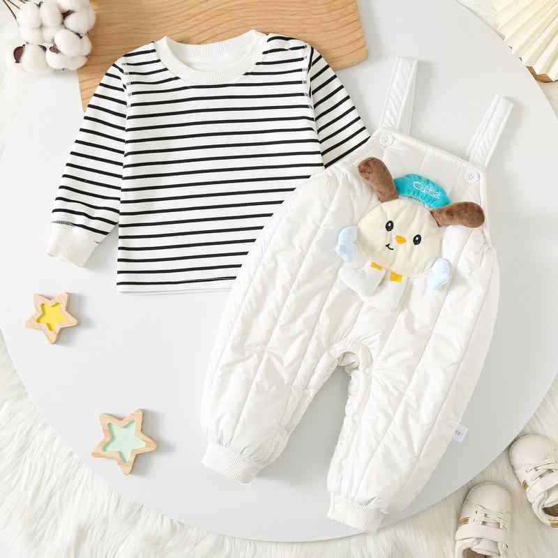 ベビー セットアップ 赤ちゃん 新生児 サロペット オーバーオール 2点セット 長袖 中綿 キルティング 厚手 保温 裏起毛 フリース あたたか ポリエステル混紡 アニマル柄 ヒツジ柄 ストライプ ホワイト お出かけ 外出着 秋冬