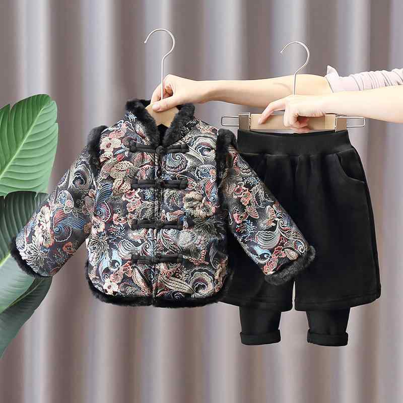 セットアップ 男の子 ベビー キッズ 中国風 漢服 唐装 長ズボン ジップアップ 長袖 厚手 裏起毛 保温 柔らかな肌触り キャラクター柄 ポリエステル 秋冬 お正月服