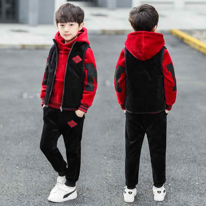 キッズ 男の子 ボーイズ 秋冬 冬服 3点セット 裏起毛 厚手 パーカー 長袖 プルオーバー ロングパンツ 韓国ファッション スポーツ 通学 普段使い 防寒 保温 ロゴプリント