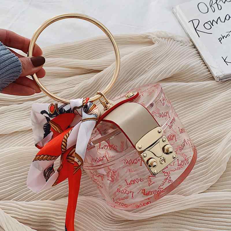 バッグ アクリル クリア スカーフ付き サークルプリント ミニ バケットバッグ 手提げ 鞄 普段使い 春夏 ストリート ロック開閉 ポケット付き ハードタイプ