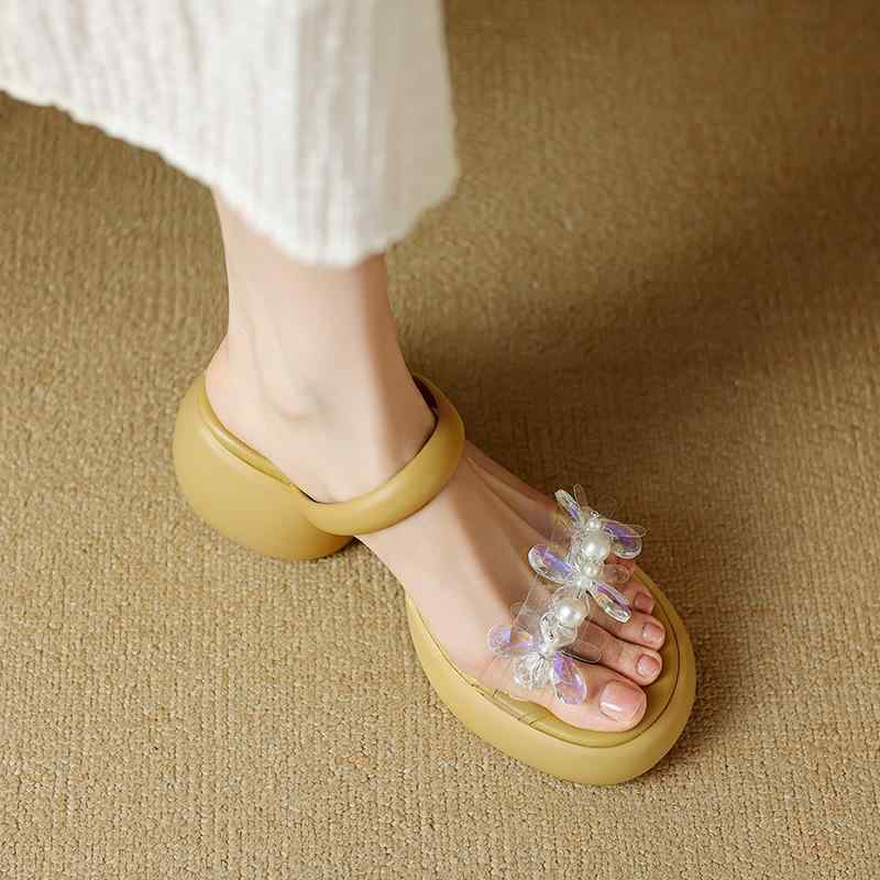 ミュール サンダル レディース 女性用 やわらか オープントゥ 厚底 太ヒール 6cm クリスタルフラワー ラウンドトゥ クリア 透明 ワンストラップ 一文字 春夏 外履き