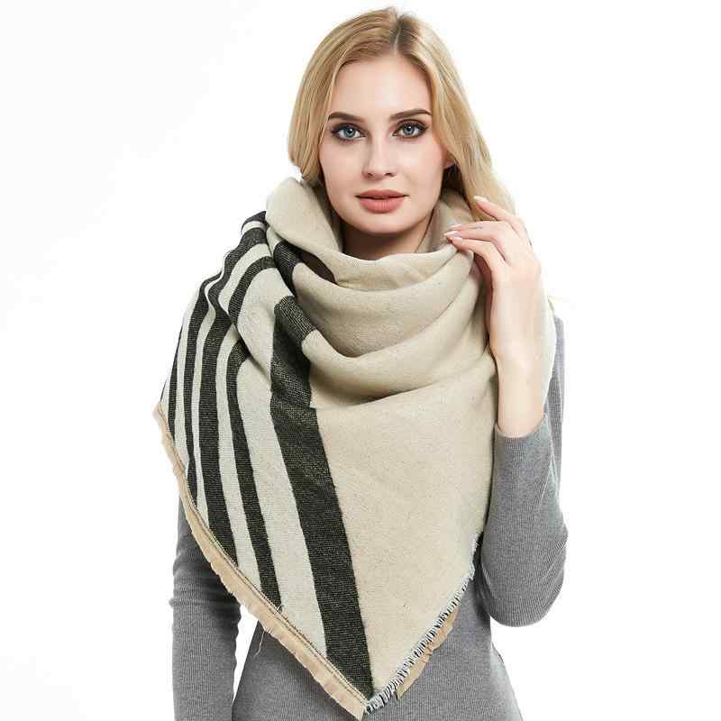 ストール 女性用 カシミヤタッチ マフラー ショール スカーフ 幅広ボーダー 幾何学模様 大判 厚手 保温 防寒 秋冬 普段使い 通勤 ベージュ