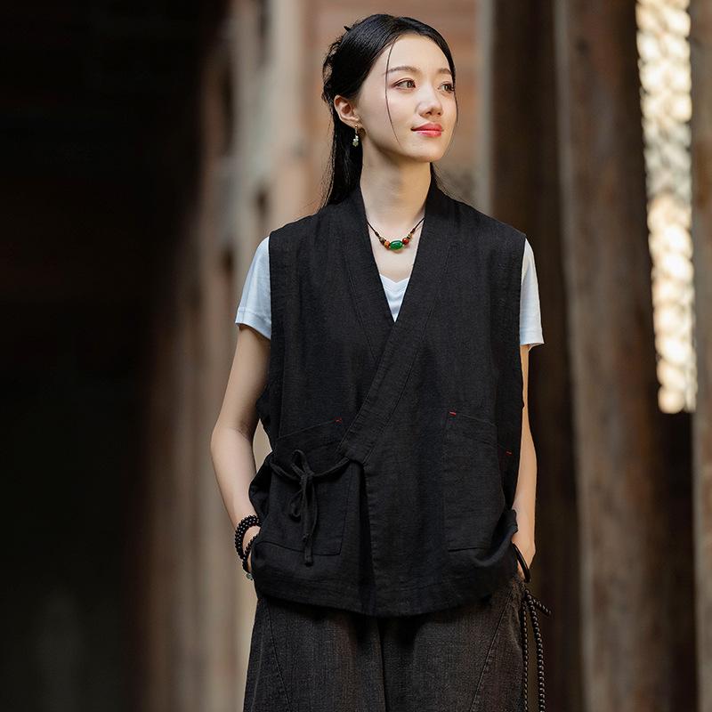 ベスト レディース ジレ 秋冬 新チャイナ風 改良漢服風 エスニック 民族風 レトロ ストーンウォッシュ ラミー コットン 麻混 交差襟 Vネック ゆったり 体型カバー カジュアル 普段使い ナチュラル ブラック マスタード