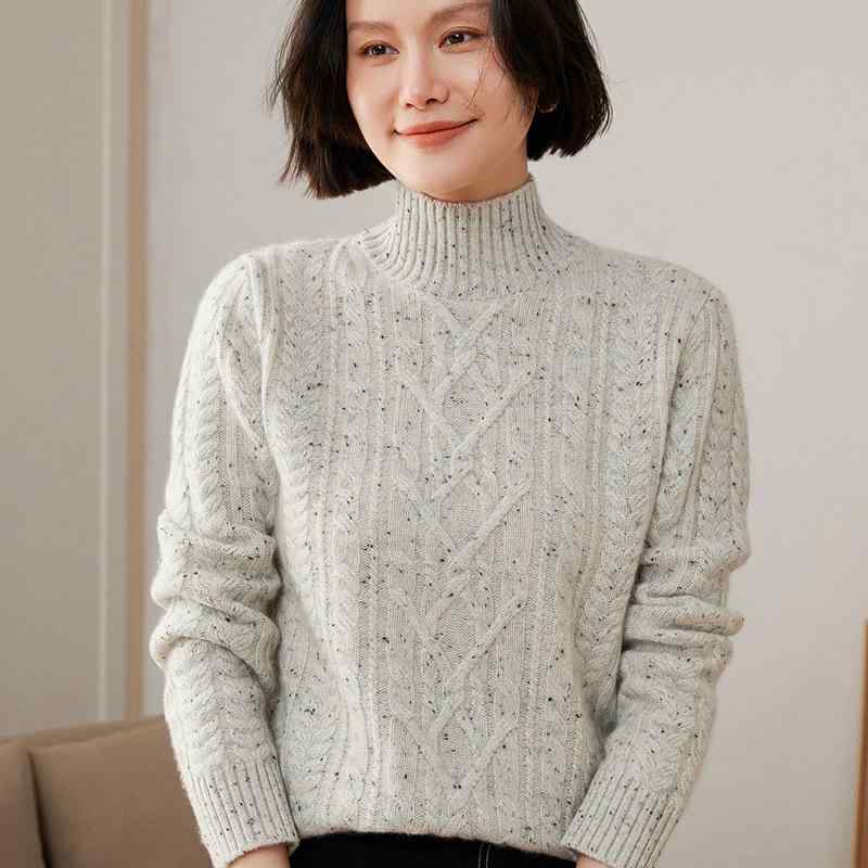 ニット レディース カシミヤブレンド ケーブル編み プルオーバー セーター モックネック 長袖 ゆったり ルーズフィット 厚手 無地 秋冬 トップス レトロ カジュアル