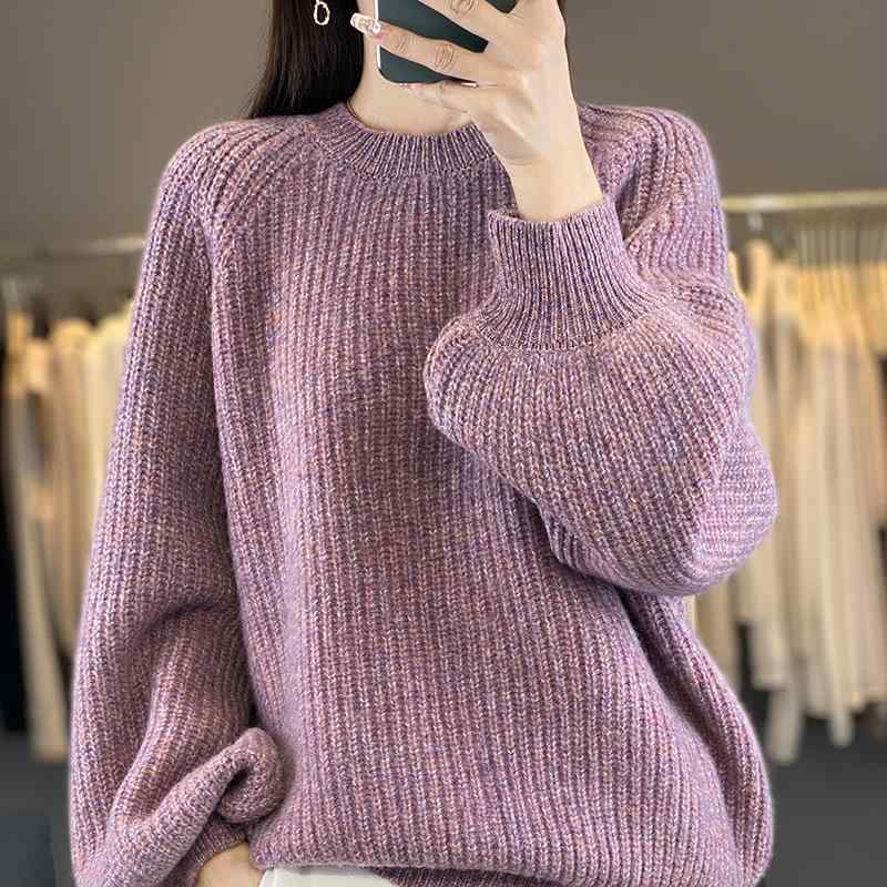 ニット レディース ウール 厚手 花柄 ラウンドネック オーバーサイズ ゆったり ランタンスリーブ プルオーバー リブ編み カジュアル リラックススタイル 秋冬|花りぼん