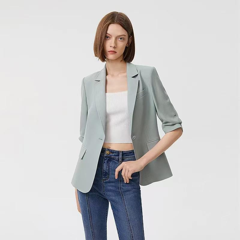 ジャケット レディース 春夏 エレガント きれいめ 大人 上品 スリム 細身 美シルエット テーラードカラー 一つボタン 七分袖 ポリエステル オフィス 通勤 ビジネス お仕事 アウター|花りぼん