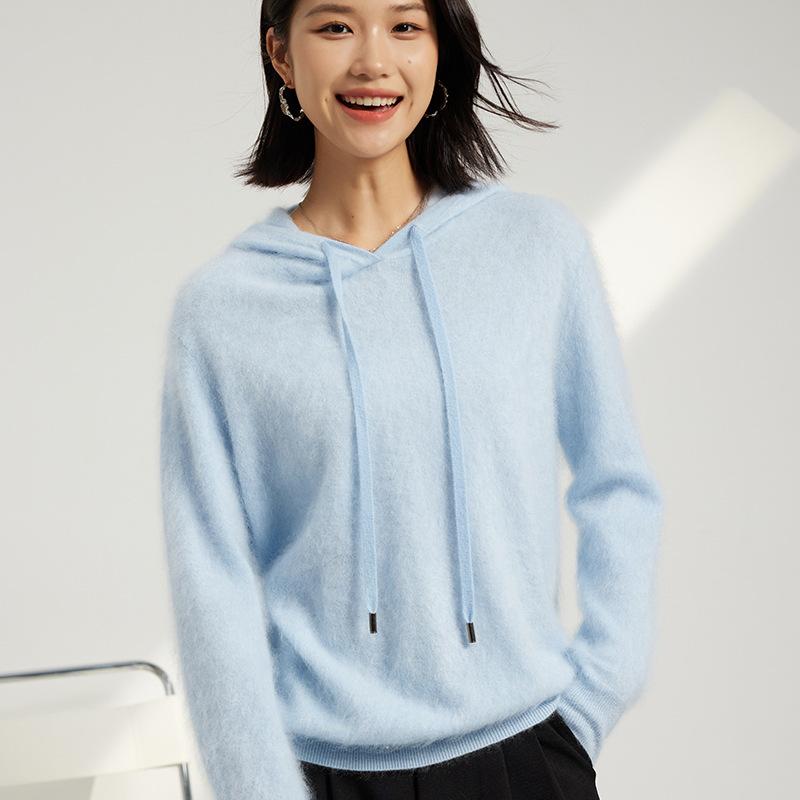 セーター レディース カシミヤ100% フード付き プルオーバー 長袖 シャギー ふわふわ 暖かい 無地 ゆったり トップス カジュアル デイリーユース シンプル 着回し 秋冬