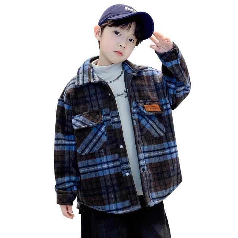 ジャケット 男の子 キッズ チェック柄 メルトン ボア 厚手 アウター コート シャツジャケット カジュアル 防寒 暖かい 長袖 ブルー 秋冬 通学 普段使い 子供服