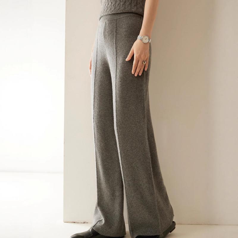 パンツ レディース 秋冬 カシミヤ混 ニット ハイウエスト ゆったり リラックス ワイド イージーロングパンツ ストレッチ カジュアル トラッド ボトムス