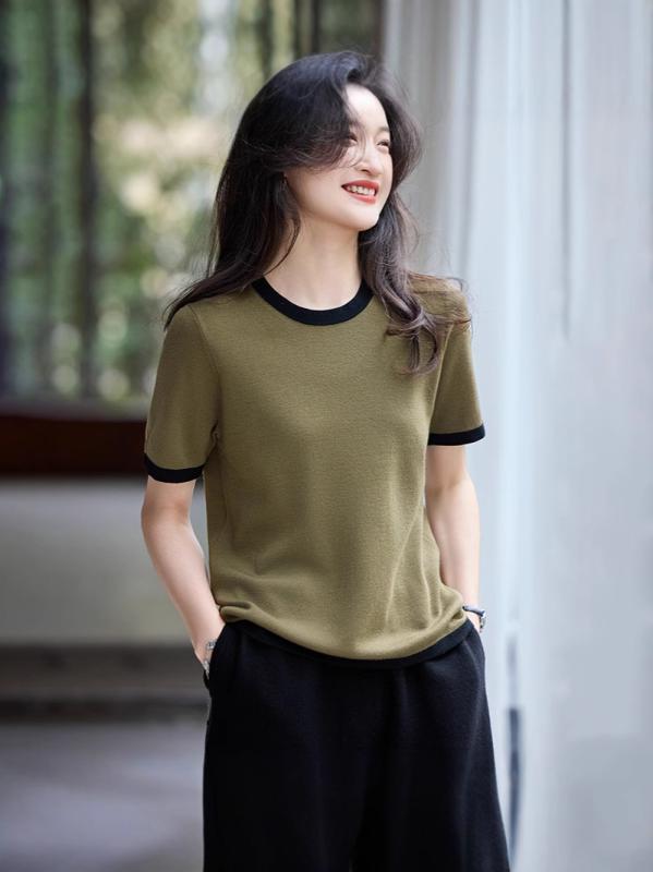 Tシャツ レディース 女性用 精紡ウール 60番手 薄手 接触冷感 ラウンドネック 丸首 半袖 バイカラー 配色切り替え プルオーバー ゆったり 着回し デイリー きれいめ カジュアル 春夏 トップス｜花りぼん
