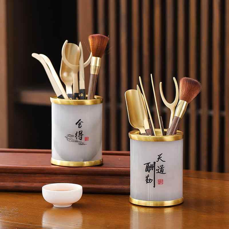 茶道具 玉石 六君子 功夫茶道 茶器セット 真鍮製 新中式 高級感 茶道ツール お茶会 茶杯挟み 茶杓 養壺筆 白色