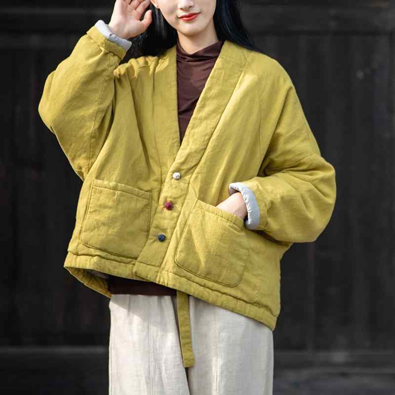 中綿上衣 レディース 秋冬 レトロ 瀬戸もの名取り草 遊撃手丈 綿織物リネン 生あたたかい 保温 朦々たる V素っ首 ドルマンスリーブ ゆったり カジュアルアウター
