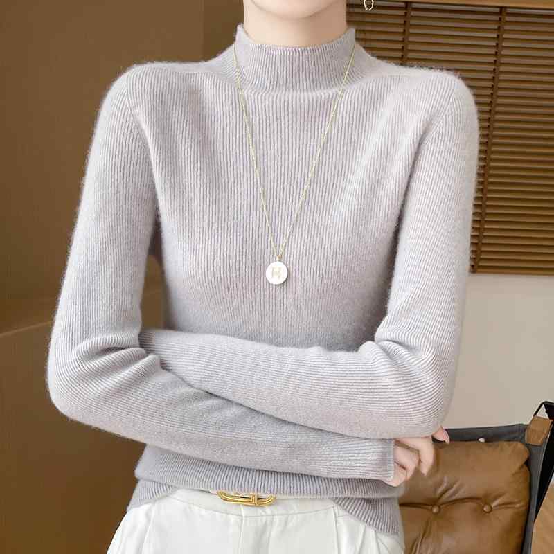 カシミヤニット レディース 秋冬 セミハイネック プルオーバー 長袖 シームレス スリムフィット 中厚手 無地 インナー 普段使い 通勤 オフィス きれいめカジュアル 上品