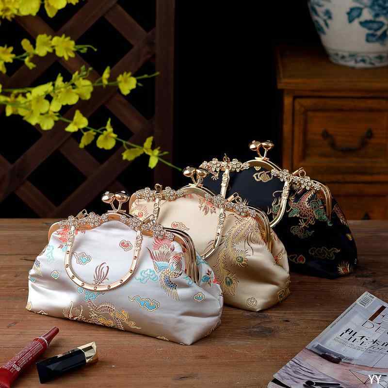 バッグ レディース 中国風 刺・墸 がま口 ハンドバッグ パーティー フォーマル 結婚式 レトロ 上品 エレガント クラッチ ラインストーン 漢服 チャイナドレス 水桶型 オックスフォード生地 ブラック ゴールド