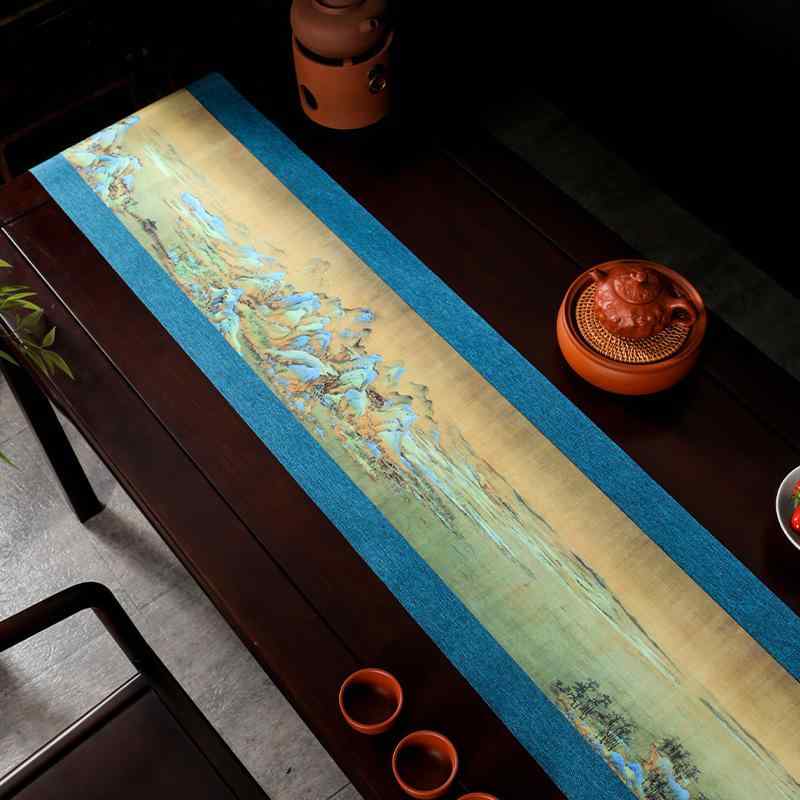テーブルランナー 新中式 レトロ 中国風 禅スタイル 防水 撥水加工 茶室 茶道用 千里江山図 瑞鶴図 吉祥柄デザイン 綿麻 コットンリネン 布製