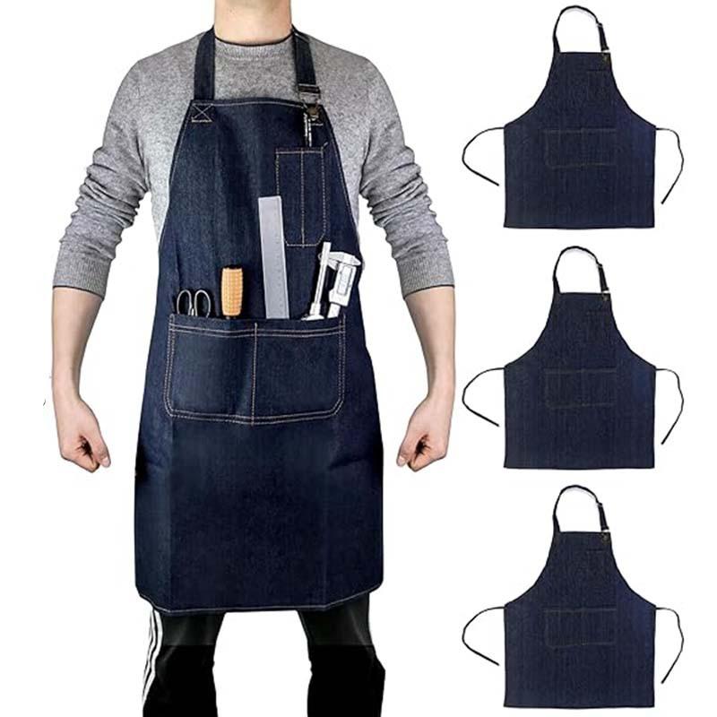 エプロン 男女兼用 デニム ワークウェア バリスタ カフェ 理容師 美容師 キッチン 家庭用 ガーデニング DIY 飲食店 ホールスタッフ 胸当て ブラック ブルー