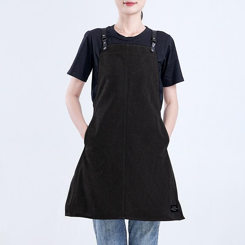 エプロン 男女兼用 厚手 帆布 カフェ 美容師 制服 ワークウェア 汚れ防止 無地 韓国風 シンプル おしゃれ カジュアル 通年 フリーサイズ ブラック グレイ カーキ ブラウン