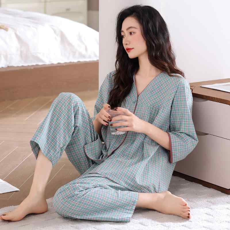 ルームウェア レディース 女性用 綿100% コットンガーゼ 薄手 パジャマ 部屋着 上下セット Vネック 7分袖 9分丈パンツ 大きいサイズ ゆったり カジュアル 通気性 快適 高級感 ワンマイルウェア 春夏