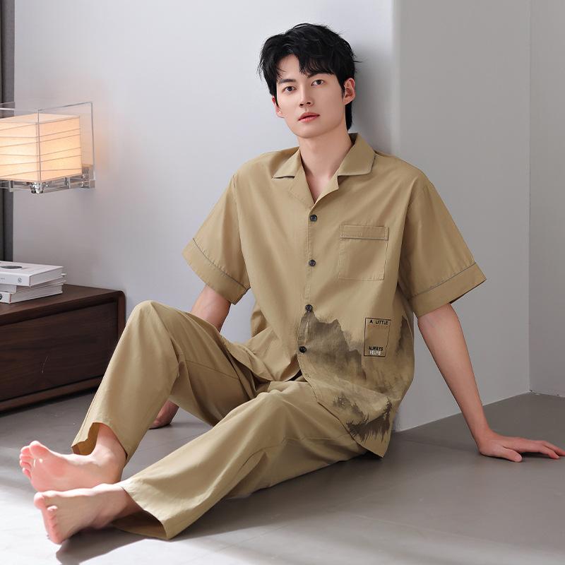 ルームウェア 男性用 春夏 コットン100% 薄手 半袖 前開き 襟付き 上下セット ロングパンツ 高級感 通気性 快適 ワンマイルウェア 外出着 パジャマ 部屋着 カジュアル