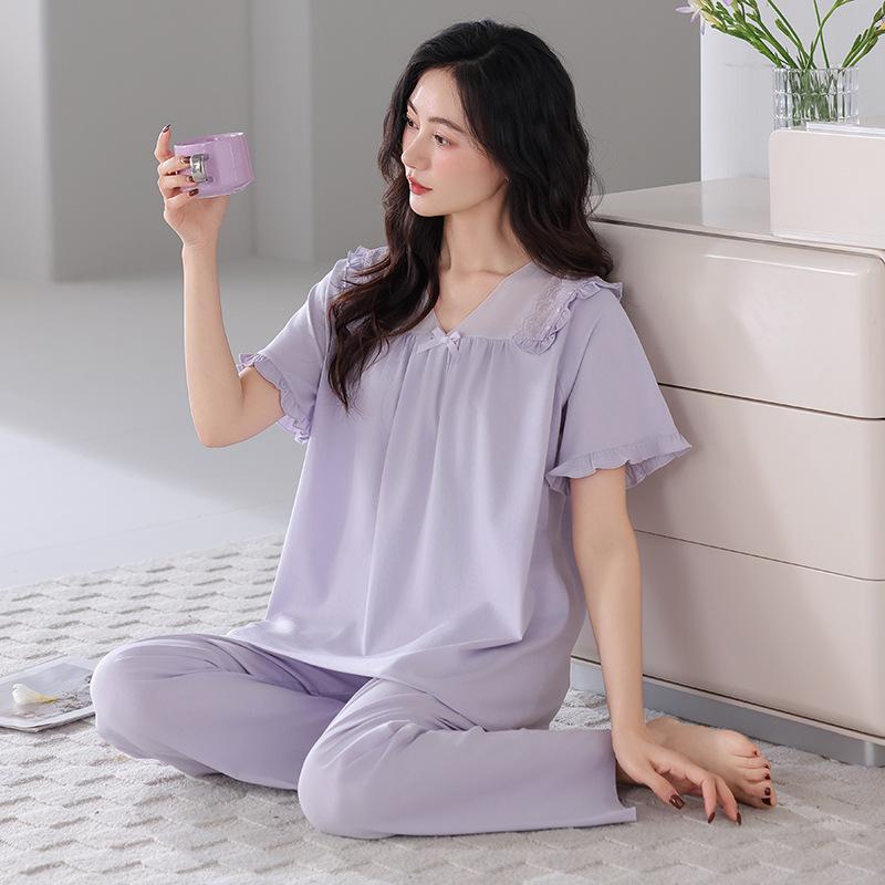 パジャマ レディース 女性用 セットアップ 純綿 コットン 半袖 Vネック 長ズボン ロングパンツ 春夏 薄手 シンプル カジュアル 通気性 伸縮性 快適 ルームウェア 部屋着 普段使い おうち時間 リラックス 外出 高級感