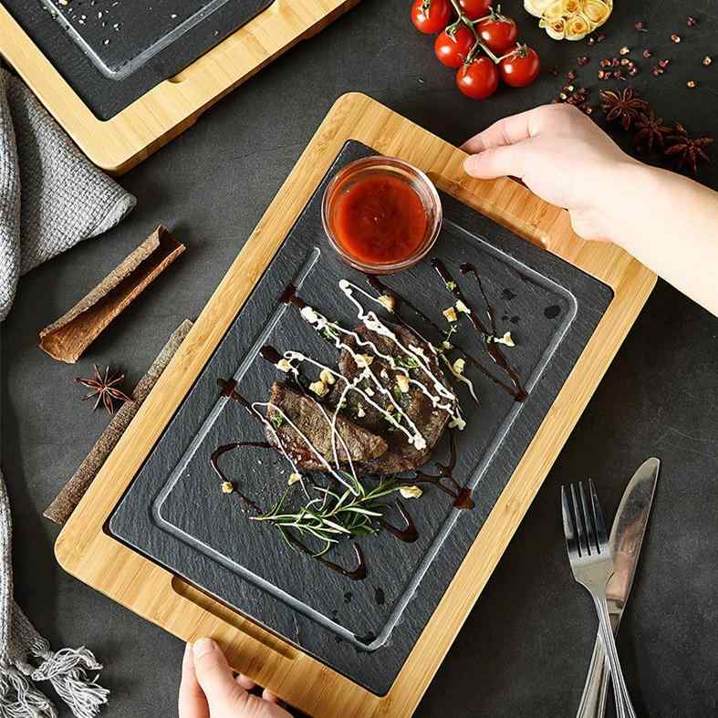 食器 ステーキ皿 竹木台座 天然石スレート 保温 耐熱 断熱 ブラック 長方形 モダン おしゃれ 洋食 肉料理 業務用 カフェ風 5,018円