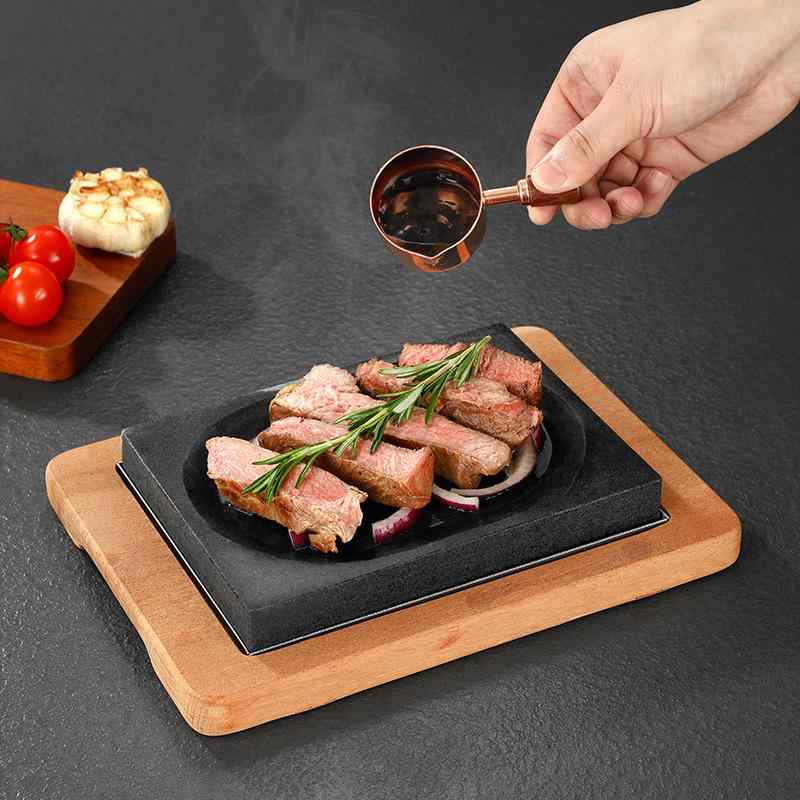 石板焼きプレート ステーキ用 花崗岩製 楕円形 溝付き 高保温性 無塗装 鋼板付き サペリ木製台座セット 家庭用 本格的 洋食器 調理器具