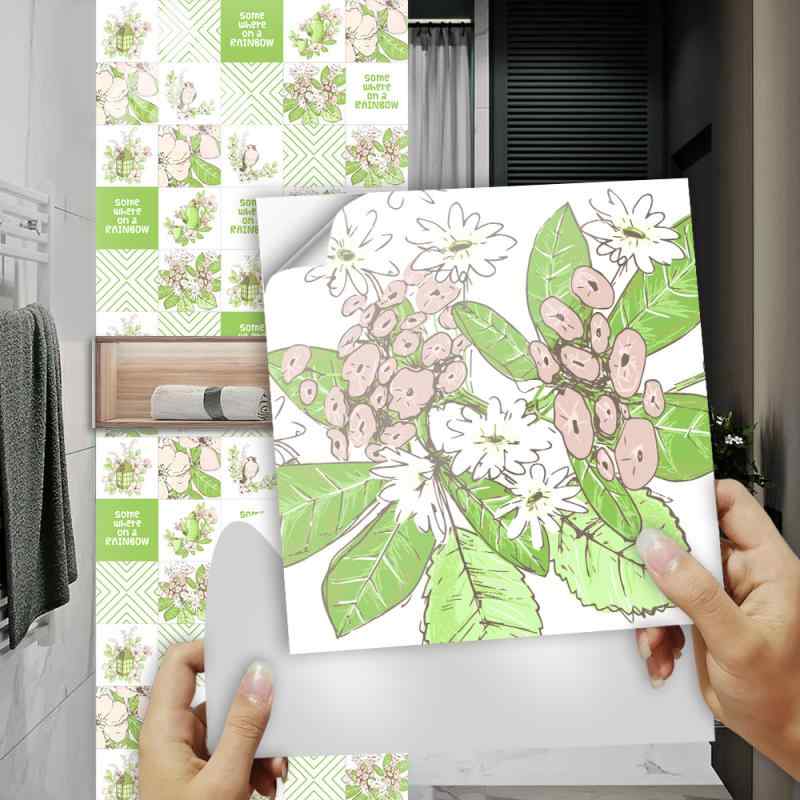 ウォールステッカー 手描き 植物柄 クリスタル ハードタイプ タイル柄 PVC製 防水 防汚 防カビ 賃貸OK 貼ってはがせる キッチン リビング 寝室 バスルーム リノベーション DIY
