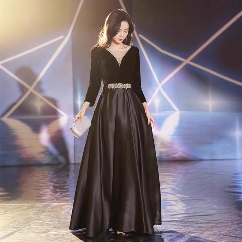 礼服 レディース フレンチ イブニングドレス ベロア ロング丈 長袖 ディープVネック 成人式 宴会 パーティー フォーマル エレガント 高級感 ブラック ポリエステル ビーズ装飾｜花りぼん