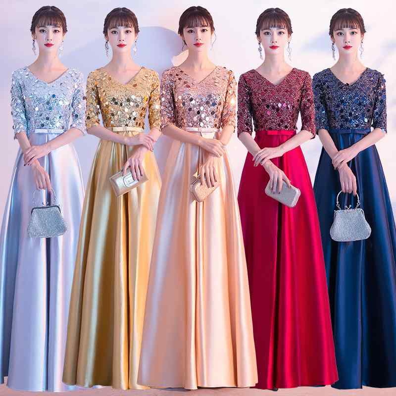 礼服ワンピース 女性用 ゴールドカラー 大合唱団 発表会 司会者 演奏会 舞台衣装 ステージドレス Aライン ロング丈 五分袖 ポリエステル フォーマル パーティードレス セレモニー 結婚式 披露宴