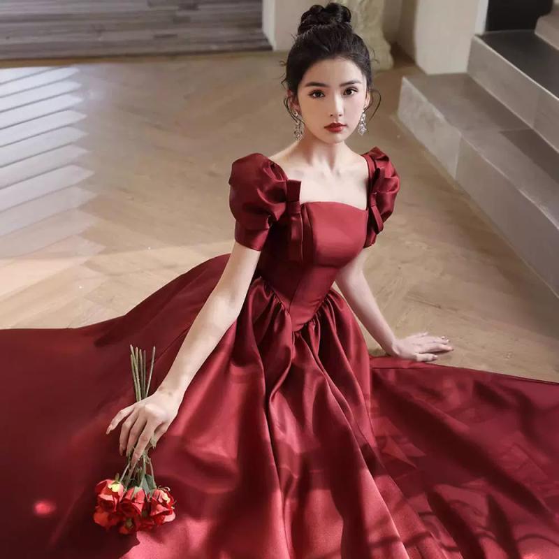 ドレス レディース ワインレッド バーガンディ サテン ロング丈 Aライン スクエアネック ノースリーブ 結婚式 披露宴 二次会 お呼ばれ パーティードレス ブライダル 花嫁 成人式 エンゲージメント 体型カバー マタニティ対応 小柄 エレガント